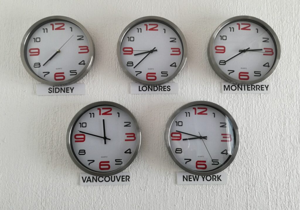 Clocks on a wall with different time zones